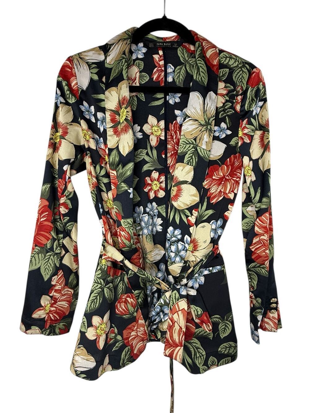 ZARA Basic Floral Print Belted Blazer Jacket Small Tropical Botanical Statement